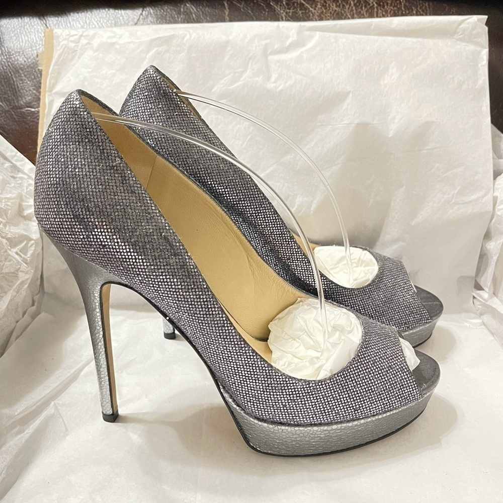 Jimmy Choo Dahlia, Dark Silver Glitter Peep Pumps Eu38.5 120mm, 3/4 Platform.